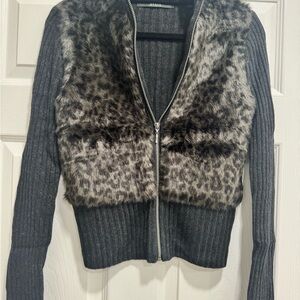 Gray and Black Faux Fur Zip-Up Sweater